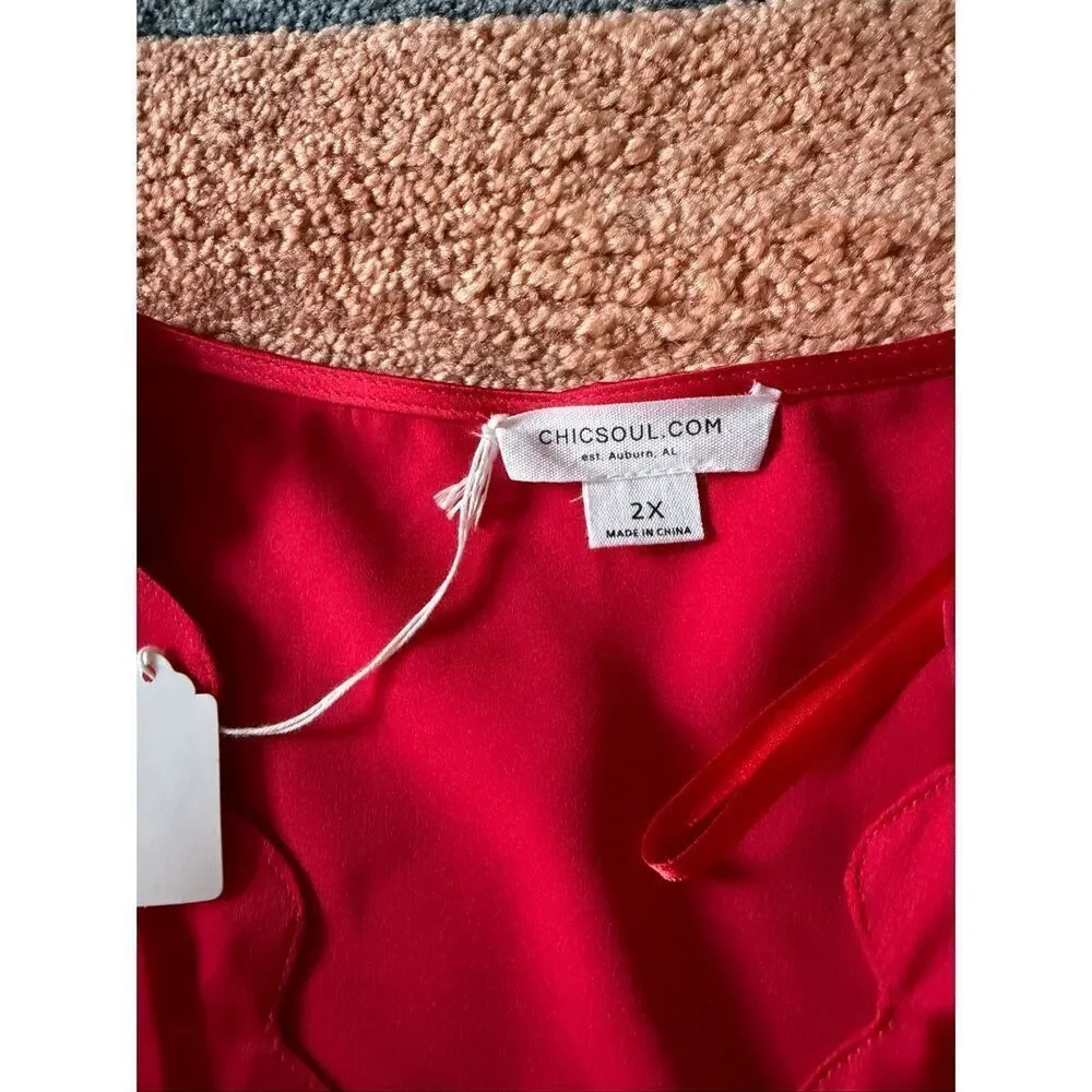 ChicSoul 2X Red Satin Scallop Faux Wrap Dress Long Sleeve Plus